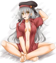 Rule 34 | 1girl, akimoto dai, barefoot, breasts, commentary request, convenient leg, facial scar, full body, gangut (kancolle), gangut dva (kancolle), grey hair, highres, indian style, kantai collection, long hair, looking at viewer, medium breasts, no bra, open clothes, open shirt, smoking pipe, pipe in mouth, red shirt, scar, scar on cheek, scar on face, shirt, sitting, solo, yellow eyes
