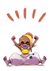 Rule 34 | 1girl, ^ ^, arms up, blonde hair, clenched hands, closed eyes, clothing cutout, colored eyelashes, colored skin, crop top, dark-skinned female, dark skin, domino mask, earrings, fangs, forehead, frye (splatoon), full body, gradient hair, harem pants, highres, inkling, jewelry, long hair, mask, minamida (aminamida), multicolored hair, multicolored skin, navel, nintendo, open mouth, pants, pointy ears, poncho, purple hair, purple skin, see-through, shadow, simple background, sitting, sleeveless, smile, socks, solo, splatoon (series), splatoon 3, teeth, tentacle hair, toeless legwear, two-tone hair, two-tone skin, white background, white pants, white socks, yellow crop top