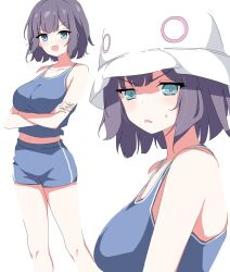 Rule 34 | 1girl, arms under breasts, bare shoulders, blue archive, blue eyes, blue shorts, blue tank top, breasts, bucket hat, collarbone, commentary request, crossed arms, hat, highres, kusana (kusana47454281), large breasts, looking at viewer, midriff, multiple views, navel, open mouth, purple hair, saki (blue archive), short hair, shorts, simple background, sweatdrop, tank top, white background, white headwear