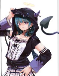 Rule 34 | 1girl, adjusting hood, alternate hairstyle, artist name, artist request, bare shoulders, black bow, black choker, black jacket, black vest, black wings, blue hair, blush, bow, bowtie, breasts, chain, checkered clothes, checkered skirt, chest tattoo, choker, cleavage, collarbone, cross-laced clothes, demon girl, demon hood, demon horns, demon tail, demon wings, detached sleeves, devil rocker (love live!), dress, dress shirt, earrings, facial mark, female focus, frilled dress, frilled sleeves, frills, glint, gold chain, hair bun, hair over shoulder, halo, heart, heart (symbol), highres, hood, hood up, hooded jacket, hoodie, horns, horns through headwear, jacket, jewelry, long hair, long sleeves, looking at viewer, love live!, love live! school idol festival, love live! school idol festival all stars, love live! sunshine!!, miniskirt, nail, nail polish, open clothes, open jacket, parted lips, pink eyes, plaid, plaid skirt, pleated, pleated skirt, purple eyes, purple nail polish, purple nails, ring, shirt, short hair, single hair bun, skirt, small breasts, smile, solo, sparkle, sparkle print, star (symbol), star earrings, tail, tattoo, tsushima yoshiko, vest, white background, white skirt, wings, zipper, zipper pull tab