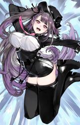 Rule 34 | 1girl, azur lane, black footwear, black headwear, black shorts, boots, breasts, commission, fang, floating hair, high-waist shorts, highres, houden eizou, large breasts, long hair, open mouth, pamiat merkuria (azur lane), purple eyes, shorts, shrug (clothing), side ponytail, skeb commission, skin fang, smile, solo, thigh boots, thighhighs, very long hair