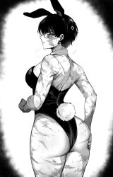 Rule 34 | 1girl, absurdres, anger vein, animal ears, ass, ass grab, bare shoulders, black hair, burn scar, glasses, greyscale, highres, jujutsu kaisen, leotard, looking at viewer, masoq, monochrome, playboy bunny, rabbit ears, rabbit tail, scar, scars all over, short hair, simple background, solo, tail, white background, zen&#039;in maki