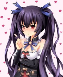 Rule 34 | 10s, 1girl, bare shoulders, blush, breasts, cleavage, detached collar, detached sleeves, frown, grav, hair ribbon, twirling hair, highres, long hair, neptune (series), noire (neptunia), purple hair, red eyes, ribbon, solo, tearing up, tears, twintails