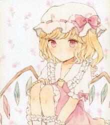 1girl absurdres ascot blonde_hair blush bow crystal crystal_wings flandre_scarlet frills hat hat_ribbon highres ichigo_(ichigoxxusagi) looking_at_viewer mob_cap painting_(medium) puffy_short_sleeves puffy_sleeves red_eyes ribbon short_hair short_sleeves side_ponytail sitting solo touhou traditional_media watercolor_(medium) wings