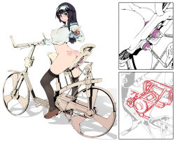 Rule 34 | 1girl, anal, anal object insertion, ass, bad id, bad pixiv id, bicycle, bike dildo, black hair, blush, bottomless, breasts, brown eyes, covered erect nipples, dildo, double penetration, female focus, fingerless gloves, full body, gloves, goggles, goggles on head, highres, large breasts, long hair, looking at viewer, looking back, multiple insertions, object insertion, original, partially colored, school uniform, serafuku, sex machine, sex toy, simple background, sitting, smile, solo, thighhighs, v, vaginal, vaginal object insertion, white background, yakou (4507770)