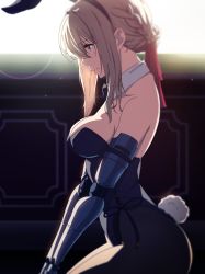 Rule 34 | 1girl, alternate costume, animal ears, black leotard, blonde hair, blue eyes, blush, braid, breasts, chair, cleavage, commentary request, detached collar, fake animal ears, fake tail, from side, gloves, head out of frame, highres, indoors, kneeling, large breasts, leotard, long hair, mechanical arms, pantyhose, playboy bunny, profile, rabbit ears, rabbit tail, sando (dukedevil), sidelocks, solo, tail, violet evergarden, violet evergarden (series)