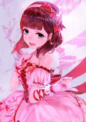 Rule 34 | 10s, 1girl, bare shoulders, blue eyes, blush, brown hair, commentary request, detached sleeves, dress, earrings, frilled dress, frills, gloves, hairband, heart, heart-shaped pupils, highres, idolmaster, idolmaster cinderella girls, jewelry, looking at viewer, open mouth, pink dress, pink gloves, puffy short sleeves, puffy sleeves, reniirean, ribbon, sakuma mayu, short hair, short sleeves, smile, solo, symbol-shaped pupils