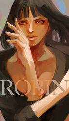 Rule 34 | 1girl, black hair, black jacket, blue eyes, blunt bangs, breasts, character name, convenient arm, fingernails, jacket, koga (017), lips, long hair, medium breasts, nico robin, nose, one piece, portrait, sleeves past elbows, sleeves rolled up, solo, tsurime