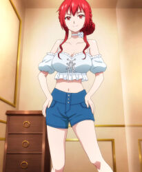 Rule 34 | 1girl, absurdres, alternate hairstyle, amelia rose, breasts, cleavage, denim, denim shorts, hair bun, hands on own hips, highres, hyouken no majutsushi ga sekai wo suberu, large breasts, legs, long hair, midriff, navel, red eyes, red hair, shorts, sleeveless, smile, stitched, thighs, third-party edit