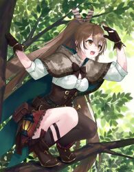 Rule 34 | 1girl, :d, absurdres, ahoge, ankle boots, arm up, asymmetrical legwear, belt, boots, brown capelet, brown cloak, brown corset, brown eyes, brown hair, cape, capelet, cloak, corset, crossed bangs, dagger, dappled sunlight, gloves, hair ornament, hairclip, highres, hololive, hololive english, in tree, kneehighs, knife, lantern, looking afar, miniskirt, multicolored hair, nanashi mumei, nanashi mumei (1st costume), open mouth, pleated skirt, pouch, red skirt, ribbon, shirt, single kneehigh, single sock, single thighhigh, skirt, smile, socks, squatting, streaked hair, sunlight, teeth, thighhighs, traveler (artbbt), tree, tree shade, upper teeth only, virtual youtuber, weapon, white shirt