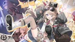 Rule 34 | &gt; &lt;, 1girl, alfredo oriani (azur lane), arms up, azur lane, bag, black jacket, boots, brown hair, brown thighhighs, camera, copyright name, dress, eyewear on head, highres, holding, holding camera, italian flag, jacket, long sleeves, namyo, necktie, official art, one eye closed, open clothes, open jacket, open mouth, purple eyes, red necktie, shoulder bag, sleeveless, sleeveless dress, smile, solo, sparkle, sunglasses, symbol-shaped pupils, thighhighs, white dress, white footwear