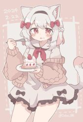 Rule 34 | 1girl, absurdres, animal ears, artist name, black bow, bow, cake, cake slice, cat ears, cat girl, cat tail, colon br, cowboy shot, dated, dress, eating, food, fork, hair bow, highres, holding, holding fork, neckerchief, open mouth, original, red bow, red eyes, red neckerchief, solo, strawberry cake, sweater, tail, white dress, white hair