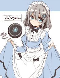 Rule 34 | 1girl, blue eyes, blush, bow, curtsey, dated, hair ornament, looking at viewer, maid, maid headdress, original, personification, robotic vacuum cleaner, signature, silver hair, sketch, solo, tsukudani norio