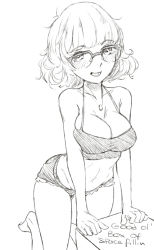 Rule 34 | 1girl, :d, absurdres, barefoot, blush, box, breasts, drawfag, english text, glasses, highres, jewelry, large breasts, looking at viewer, marine (re:creators), monochrome, navel, necklace, open mouth, re:creators, short hair, short shorts, shorts, sketch, smile, solo