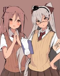 Rule 34 | 2girls, :o, alternate costume, amatsukaze (kancolle), armband, atsutoku, blush, brown background, brown eyes, brown hair, brown skirt, collared shirt, glasses, gloves, hair between eyes, hair ornament, hair ribbon, hairband, hand on own hip, highres, holding, kantai collection, long hair, multiple girls, necktie, open mouth, own hands together, pleated skirt, ponytail, red neckwear, ribbon, school uniform, shirt, short sleeves, silver hair, simple background, single glove, skirt, two side up, vest, white gloves, white shirt, zuihou (kancolle)
