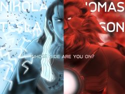 Rule 34 | 2boys, blue theme, captain america: civil war, captain america (series), captain america civil war, character name, electricity, fate/grand order, fate (series), furry, furry male, glowing, glowing eyes, highres, jacket, jacket on shoulders, lion, long hair, marvel, marvel cinematic universe, multiple boys, nikola tesla (fate), parody, red theme, spandex, thomas edison (fate)