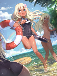Rule 34 | 10s, 4girls, ass, barefoot, blonde hair, chibi, cloud, convenient censoring, covered navel, day, flower, hair flower, hair ornament, highres, innertube, kantai collection, lifebuoy, long hair, multiple girls, multiple persona, nude, observerz, one-piece swimsuit, one-piece tan, outdoors, palm tree, ro-500 (kancolle), school swimsuit, school uniform, serafuku, shimakaze (kancolle), sky, smile, swim ring, swimsuit, swimsuit under clothes, tan, tanline, torpedo, tree, water