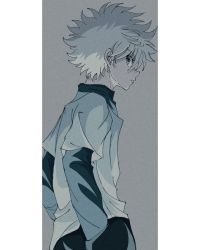 Rule 34 | 1boy, absurdres, blue eyes, cowboy shot, enoki (gongindon), from side, hands in pockets, highres, hunter x hunter, killua zoldyck, long sleeves, looking at viewer, male focus, shirt, short hair, sideways glance, solo, spiked hair, t-shirt, white hair