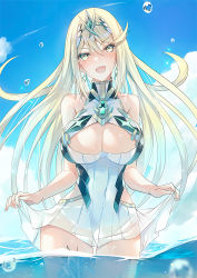 Rule 34 | 1girl, bare legs, bare shoulders, blonde hair, breasts, chest jewel, cleavage, cleavage cutout, clothing cutout, dress, earrings, elbow gloves, gloves, inoue takuya (tactactak), jewelry, large breasts, long hair, mythra (xenoblade), short dress, solo, swept bangs, thigh strap, tiara, very long hair, white dress, white gloves, xenoblade chronicles (series), xenoblade chronicles 2, yellow eyes