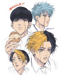 Rule 34 | 4boys, black hair, blonde hair, blue hair, brown eyes, chewing, copyright name, facial hair, finn ames, food, highres, holding, holding food, lance crown, looking at viewer, looking to the side, mash burnedead, mashle, mobbo ie, multicolored hair, multiple boys, rayne ames, short hair, simple background, twitter username, two-tone hair, white background, yellow eyes