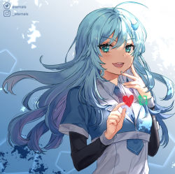 Rule 34 | 1girl, :d, ahoge, aqua eyes, blue hair, blue necktie, blue theme, blush, breasts, collared shirt, commentary, cropped vest, hair ornament, hairclip, heart, long hair, looking at viewer, nail polish, necktie, open mouth, original, personification, shirt, small breasts, smile, solo, ten-chan (eternal s), twitter, vest