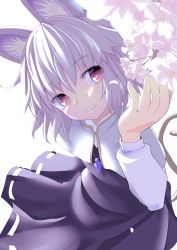 Rule 34 | 1girl, animal ears, blush, capelet, cherry blossoms, flower, grey hair, highres, ishikkoro, jewelry, long sleeves, mouse ears, mouse tail, nazrin, necklace, petals, red eyes, shirt, short hair, simple background, skirt, skirt set, smile, solo, tail, touhou, upper body, white background