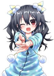 Rule 34 | 10s, 1girl, ;d, black hair, blush, finger gun, hair ornament, jacket, long hair, looking at viewer, mizunashi (second run), neptune (series), one eye closed, open mouth, red eyes, simple background, smile, solo, two side up, uni (neptunia), white background