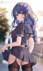 Rule 34 | 1girl, aged down, alternate costume, artist logo, ass, black garter straps, black sailor collar, black serafuku, black shirt, black skirt, black thighhighs, blurry, blurry background, braid, breasts, building, clothes lift, commentary, cowboy shot, crop top, day, flower, from behind, garter straps, genshin impact, hair flower, hair ornament, highres, holding, icwine, lifted by self, long hair, looking at viewer, looking back, low-braided long hair, low-tied long hair, medium breasts, miniskirt, multicolored hair, outdoors, parted lips, pleated skirt, purple eyes, purple flower, purple hair, raiden shogun, sailor collar, school uniform, serafuku, shirt, short sleeves, sidelocks, single braid, skirt, skirt hold, skirt lift, solo, streaked hair, thighhighs, thighs, tree, twitter username, underbutt, v-shaped eyebrows, very long hair