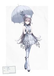 Rule 34 | 1girl, absurdres, black bow, black bowtie, boots, bow, bowtie, brown eyes, brown hair, dress, full body, hat, highres, holding, holding umbrella, mikisai, original, smile, solo, standing, tachi-e, thighhighs, umbrella, white dress, white footwear