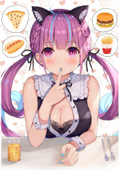 Rule 34 | 1girl, absurdres, ahoge, animal ears, bare arms, bare shoulders, black bra, black shirt, blue nails, bra, braid, breasts, cat ears, cleavage, colored inner hair, cup, drinking glass, fake animal ears, finger to mouth, food, fork, french fries, hairband, burger, hand up, highres, hokori sakuni, hololive, hot dog, lace, lace-trimmed bra, lace trim, large breasts, long hair, looking at viewer, minato aqua, multicolored hair, nail polish, parted lips, pizza, purple eyes, purple hair, sandwich, shirt, sleeveless, sleeveless shirt, solo, spoon, streaked hair, thought bubble, twintails, two-tone hair, unbuttoned, unbuttoned shirt, underwear, virtual youtuber