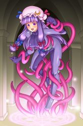 Rule 34 | 1girl, blue ribbon, bodysuit, commission, commissioner upload, crescent, crescent hat ornament, hair ribbon, hat, hat ornament, highres, injuotoko, long hair, mob cap, patchouli knowledge, purple eyes, purple hair, red ribbon, restrained, ribbon, struggling, tentacles, totally spies, touhou