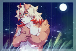 Rule 34 | 1boy, abs, absurdres, arknights, colored tips, commentary request, full moon, furry, furry male, highres, horns, hung (arknights), komainu boy, komainu ears, looking to the side, male focus, moon, multicolored hair, night, night sky, orange eyes, pectorals, signature, single horn, sky, star (sky), topless male, yu zhu qwq