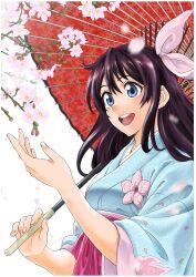 Rule 34 | 1girl, absurdres, amamiya sakura, blue eyes, blue kimono, branch, brown hair, bud, cherry blossoms, collar, falling petals, floral print kimono, floral print sleeves, flower, flower on breast, hair between eyes, hakama, happy, highres, holding, holding umbrella, japanese clothes, kimono, looking at object, loose hair strand, name connection, nose, object namesake, official art, oil-paper umbrella, open mouth, parasol, petals, pink flower, pink ribbon, red hakama, ribbon, sakura taisen, sega, shin sakura taisen, sidelocks, simple background, teeth, third-party source, umbrella, upper body, upper teeth only, white background, white collar