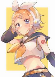 Rule 34 | 1girl, blonde hair, blue eyes, blush, bow hairband, breasts, chiro (chi-bu-ko), collared shirt, crop top, hairband, headphones, highres, kagamine rin, looking at viewer, multicolored background, pale skin, shirt, short sleeves, small breasts, solo, vocaloid, white background, yellow background