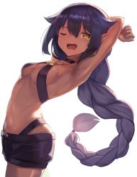 Rule 34 | 1girl, ;d, armpits, arms behind head, arms up, bare arms, bare shoulders, black choker, black hair, black shorts, braid, breasts, choker, cleavage, cowboy shot, dark-skinned female, dark skin, fangs, female focus, floating hair, hair flaps, highres, hopepe, jahy, jahy-sama wa kujikenai!, long hair, looking at viewer, midriff, navel, one eye closed, open mouth, orange eyes, pointy ears, revealing clothes, short shorts, shorts, sidelocks, simple background, single braid, small breasts, smile, solo, stomach, tears, very long hair, white background
