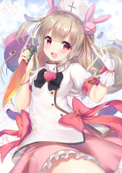 Rule 34 | 1girl, :d, black bow, black bowtie, blurry, blush, bow, bowtie, breasts, commentary request, cowboy shot, eggplant, fang, frilled skirt, frills, gloves, green ribbon, hair ornament, hands up, hat, heart, highres, holding, holding knife, kitchen knife, knife, light brown hair, long hair, looking at viewer, miniskirt, natori sana, nurse cap, open mouth, pink skirt, rabbit hair ornament, red eyes, ribbon, saana-kun, sana channel, shirt, short sleeves, sidelocks, single glove, skirt, small breasts, smile, solo, star (symbol), topia, turtleneck, two side up, v, virtual youtuber, white gloves, white hat, white shirt