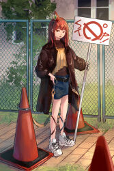 Rule 34 | 1girl, 23el, bare legs, belt, black belt, black coat, black nails, black shirt, braid, brick floor, brown eyes, camisole, coat, denim, denim skirt, fence, full body, grass, highres, holding, holding sign, long hair, long sleeves, looking at viewer, lower teeth only, nail polish, open mouth, original, red hair, road sign, shirt, shoes, shoshinsha mark, sign, skirt, sneakers, solo, standing, stop sign, teeth, traffic cone, traffic cone on head, tree, twin braids, white footwear, window, yellow camisole
