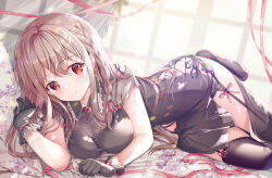 Rule 34 | 1girl, black dress, black gloves, black thighhighs, blurry, blurry background, braid, breasts, brown hair, closed mouth, commentary request, depth of field, dress, garter straps, gloves, hair between eyes, hand up, highres, indoors, long hair, looking at viewer, lying, maeda shiori, medium breasts, no shoes, on side, red eyes, short sleeves, smile, solo, sousouman, thighhighs, twinbox school, very long hair, window