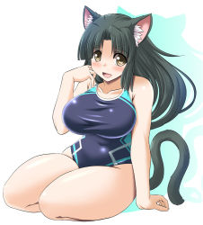 Rule 34 | 1girl, animal ears, black hair, breasts, brown eyes, cat ears, cat tail, competition swimsuit, gradient background, huge breasts, long hair, milk (tonpuu), one-piece swimsuit, original, solo, swimsuit, tail, tonpuu