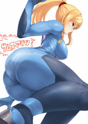 Rule 34 | 1girl, ario, ass, blonde hair, blue eyes, blush, bodysuit, from below, impossible clothes, long hair, looking at viewer, metroid, nintendo, ponytail, samus aran, skin tight, solo, thighs, translated, white background, zero suit