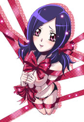 Rule 34 | 00s, 1girl, :p, bdsm, blush, bondage, bound, bound wrists, bow, breasts, embarrassed, eyelashes, fresh precure!, from above, higashi setsuna, looking at viewer, looking up, mahkn, naked ribbon, panties, polka dot, precure, purple eyes, purple hair, red panties, red ribbon, ribbon, shadow, simple background, solo, tongue, tongue out, underwear, white background