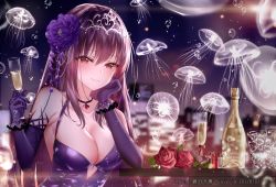 Rule 34 | 1girl, alcohol, animal, arm support, bare shoulders, blurry, blurry background, bow, box, breasts, champagne, champagne bottle, champagne flute, cityscape, cleavage, closed mouth, collarbone, commentary, cup, depth of field, detached sleeves, dress, drinking glass, fate/grand order, fate (series), flower, gift, gift box, gloves, hair between eyes, hair flower, hair ornament, hands up, highres, holding, holding cup, jellyfish, junpaku karen, large breasts, long hair, long sleeves, night, night sky, pixiv id, purple dress, purple flower, purple gloves, purple hair, red bow, red eyes, red flower, red ribbon, red rose, ribbon, rose, scathach (fate), scathach (formal dress) (fate), sky, sleeveless, sleeveless dress, smile, solo, symbol-only commentary, tiara, transparent, very long hair