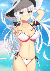 Rule 34 | 1girl, absurdres, azur lane, bikini, blue eyes, blush, breasts, cowboy shot, day, hand on headwear, hat, highres, illustrious (azur lane), index finger raised, large breasts, long hair, looking at viewer, low twintails, navel, outdoors, pointing, pointing at viewer, side-tie bikini bottom, smile, solo, sun hat, swimsuit, twintails, very long hair, water, white bikini, white hair, xiao xiao touming