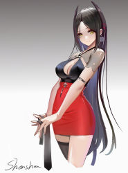 Rule 34 | + +, 1girl, alternate costume, arknights, black hair, black thighhighs, breasts, cleavage, cleavage cutout, closed mouth, clothing cutout, covered erect nipples, cropped legs, dafulaoshi, gradient background, grey background, high-waist skirt, highres, holding, horns, ines (arknights), large breasts, long hair, parted bangs, red skirt, signature, single thighhigh, skirt, smile, solo, thighhighs, very long hair, yellow eyes