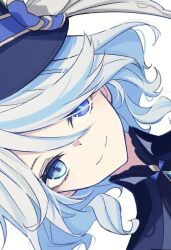 Rule 34 | 1girl, ascot, blue ascot, blue brooch, blue eyes, blue gemstone, blue hair, blue hat, blue jacket, close-up, closed mouth, drop-shaped pupils, furina (genshin impact), gem, genshin impact, hair between eyes, hat, heterochromia, highres, jacket, light blue hair, looking at viewer, mismatched pupils, multicolored hair, ritzchrono, simple background, smile, solo, symbol-shaped pupils, top hat, white background, white hair, white trim bow