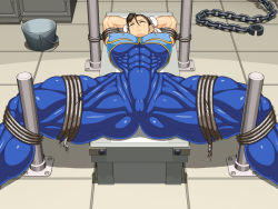 Rule 34 | 1girl, abs, bdsm, bondage, bound, breasts, capcom, chun-li, extreme muscles, female focus, huge breasts, large breasts, lying, muscular, on back, ren (tainca2000), solo, spread legs, street fighter