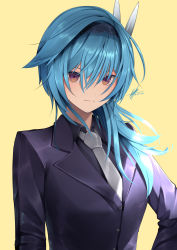 Rule 34 | 1girl, absurdres, animatrix, black hairband, black shirt, blazer, blue hair, brown eyes, closed mouth, collared shirt, eula (genshin impact), formal, genshin impact, grey necktie, hair between eyes, hair intakes, hair over shoulder, hairband, highres, jacket, long hair, long sleeves, looking at viewer, necktie, ponytail, purple jacket, shirt, solo, suit, upper body, wing collar, yellow background