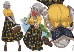Rule 34 | 1girl, absurdres, armor, book, book on head, boots, brown footwear, commentary, dark-skinned female, dark elf, dark skin, dress, elf, english commentary, floral print, flower, food, fruit, gauntlets, green eyes, grey hair, highres, leather, leather boots, mawaridi, object on head, original, outdoors, picnic, pointy ears, pov dating, shoelaces, single gauntlet, smile, solo, sunflower, sunflower print, twitter username, watermelon, yvonne (mawaridi)