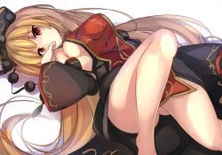 Rule 34 | 1girl, black dress, blonde hair, breasts, chinese clothes, detached sleeves, dress, gluteal fold, hat, janne cherry, junko (touhou), knee up, long hair, long sleeves, looking at viewer, lying, medium breasts, mature female, no bra, no panties, on back, red eyes, shaded face, sideboob, solo, tabard, touhou, very long hair, wide sleeves