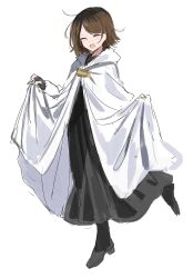 Rule 34 | 1girl, black dress, black footwear, boots, brown hair, cape, cape hold, closed eyes, commentary, dress, highres, hood, hood down, hooded cape, library of ruina, migishita, moirai (project moon), open mouth, project moon, short hair, simple background, smile, solo, standing, standing on one leg, white background, white cape